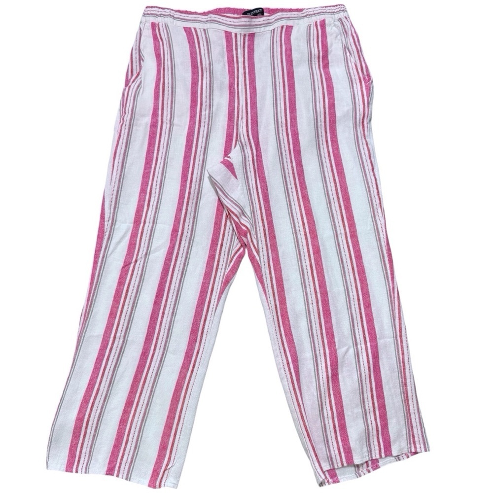 Ellen Tracy Striped Linen Blend Pull On Pants Size 12 Wide Leg